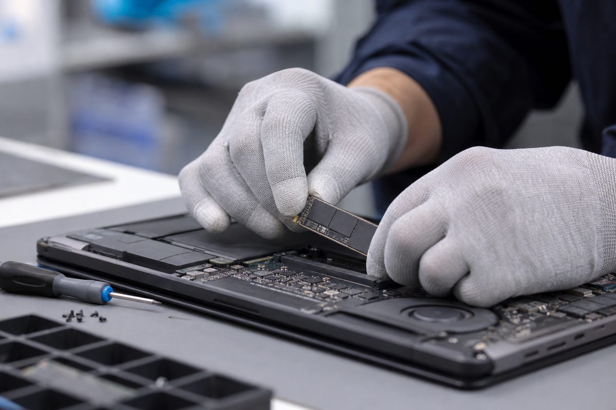 Laptop open on a repair bench with tools nearby