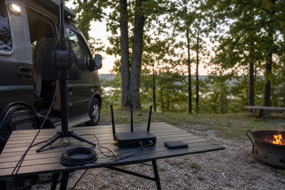 Portable router and mesh gear set up outdoors near a van