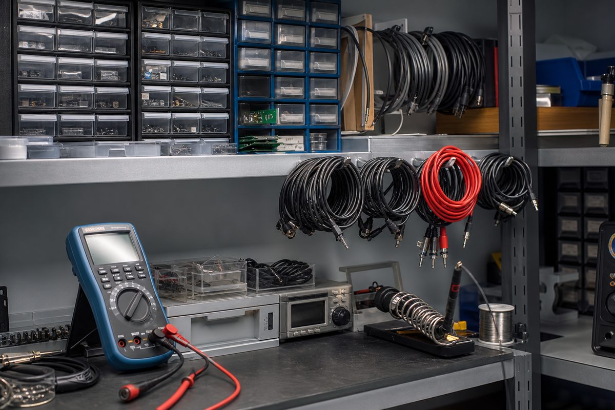 Organized electronics workshop with tools and labeled parts